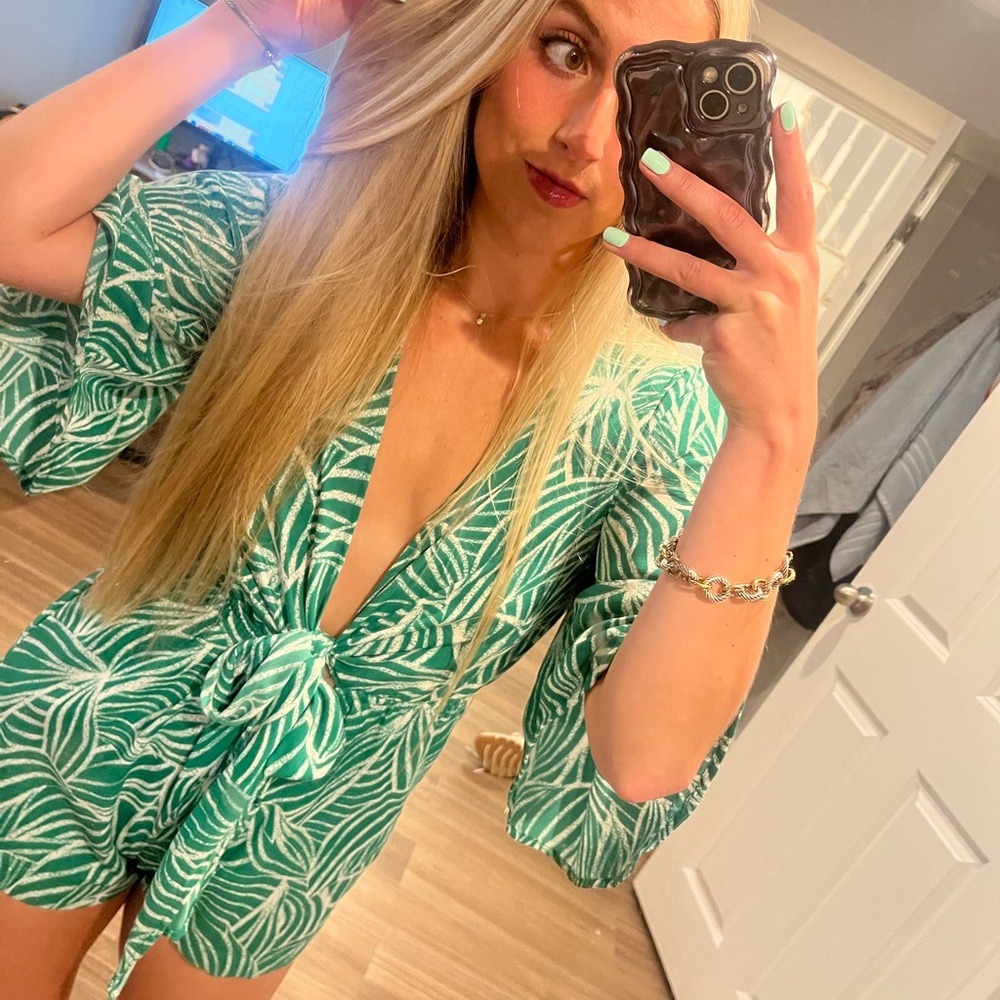 Green Leaf Print Romper